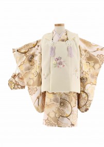 七五三 3歳女の子用被布[くすみカラー](被布)白に桜(着物)ピンクにゴールドの花々No.106V